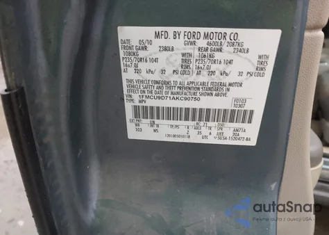 2010 Ford Escape Xlt из США, поврежденный, VIN 1FMCU9D71AKC90750